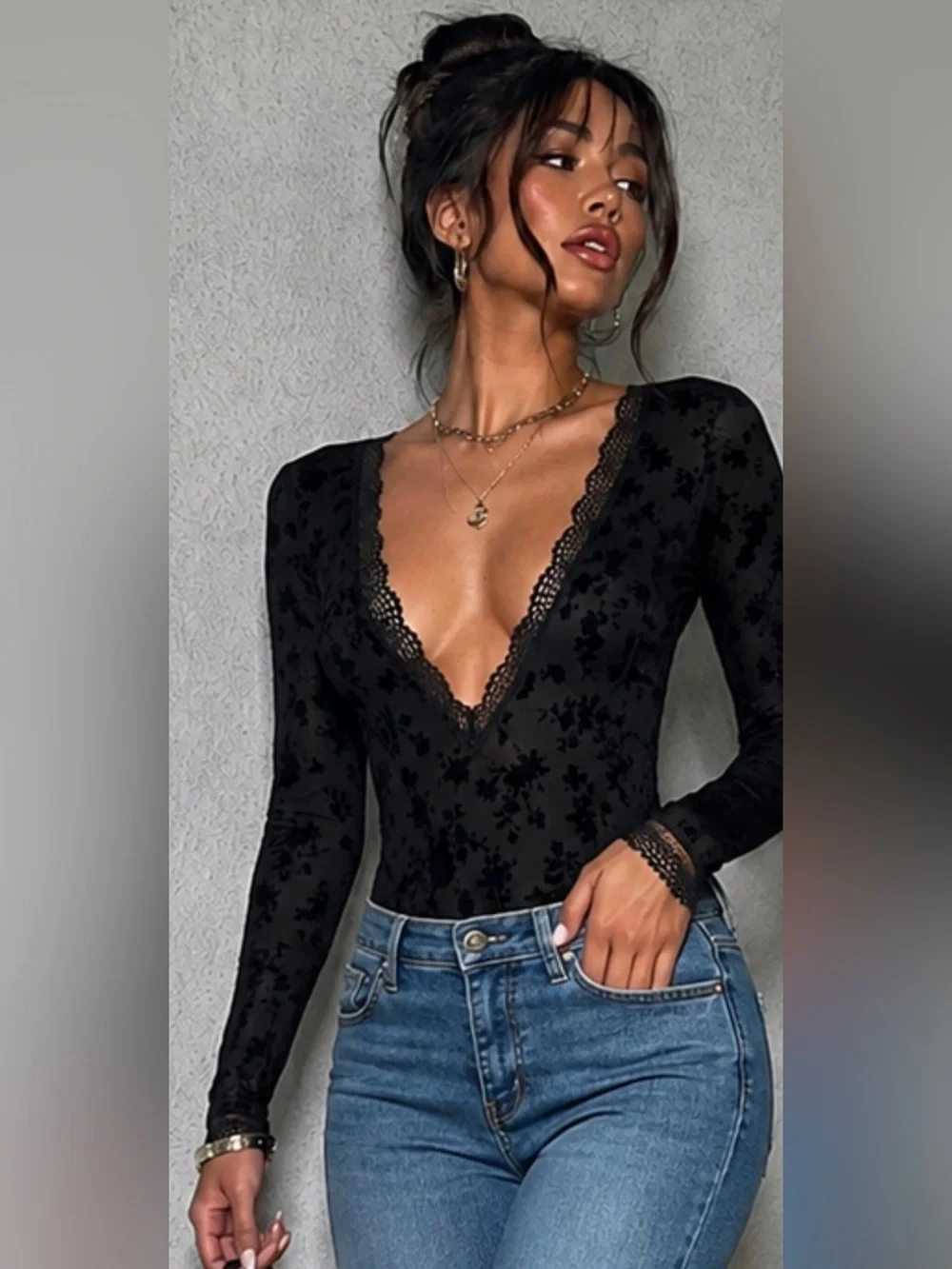 Free People Babes in bandeaus bodysuit, Black flocked velvet floral print